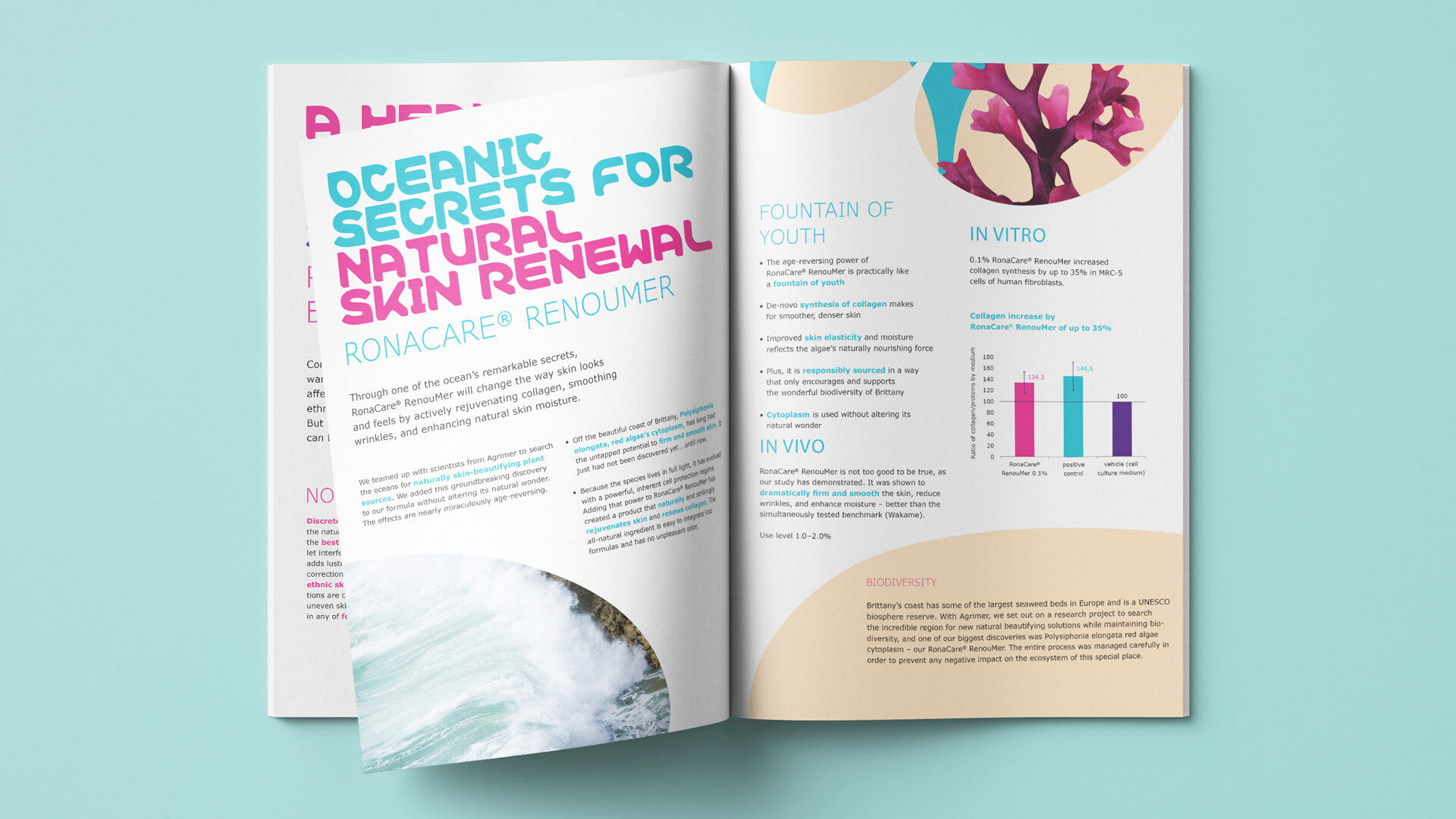 aufgeschlagene Broschürendoppelseite mit türkis-magentafarbener Headline, Algenbild und Stabdiagramm auf türkisem Hintergrund
